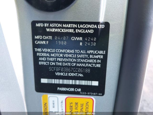 2007 ASTON MARTIN V8 VANTAGE SCFBF03B67GC06188 Photo 8