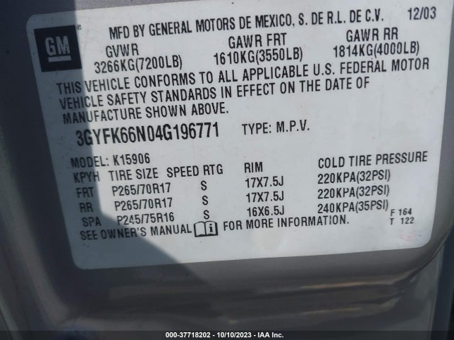2004 CADILLAC ESCALADE ESV VIN: 3GYFK66N04G196771