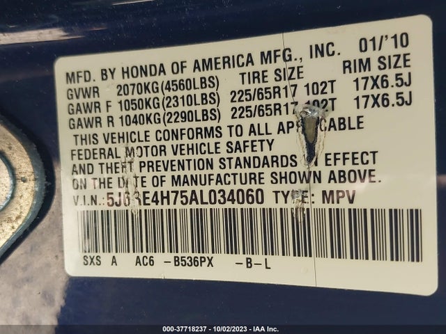 2010 HONDA CR-V EX-L VIN: 5J6RE4H75AL034060