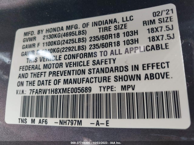 2021 HONDA CR-V EX-L VIN: 7FARW1H8XME005689
