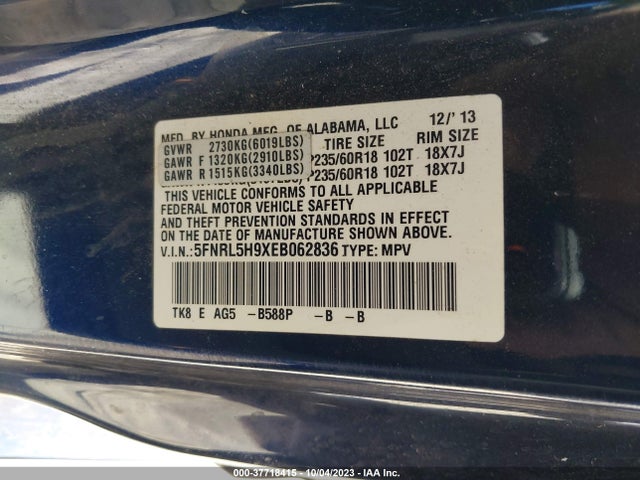 Honda Odyssey Touring 2014 5FNRL5H9XEB062836 Image 9
