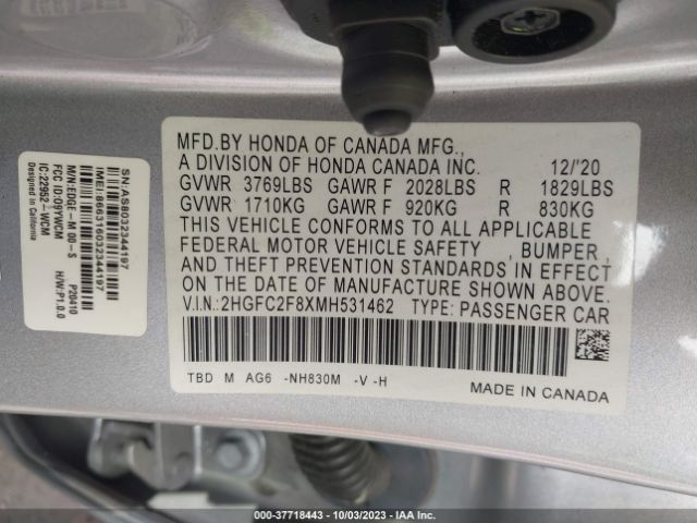 2HGFC2F8XMH531462 Honda Civic Sedan Sport