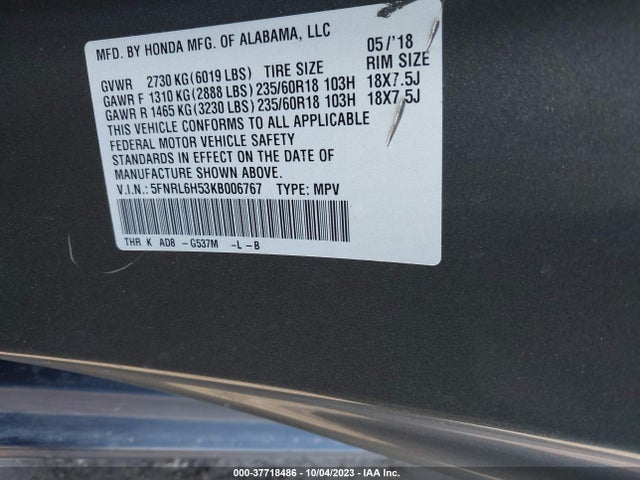 Honda ODYSSEY EX 2019 5FNRL6H53KB006767 Image 9