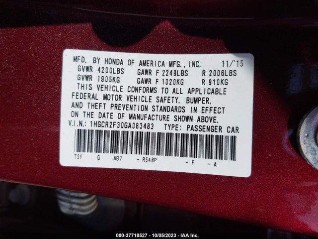 Honda ACCORD LX 2016 1HGCR2F30GA083483 Image 9