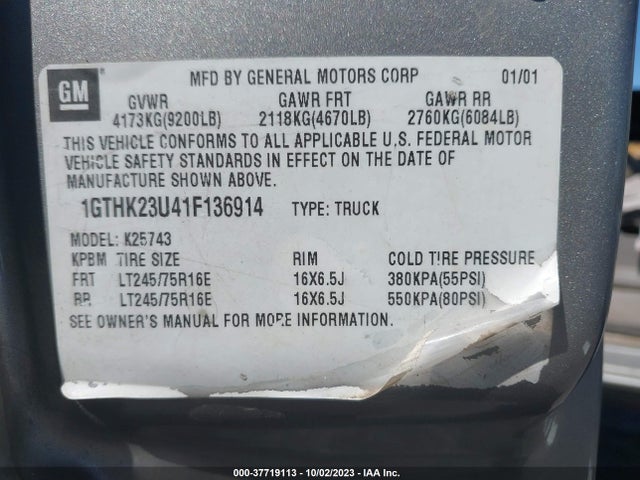 2001 GMC SIERRA 2500HD SLE VIN: 1GTHK23U41F136914