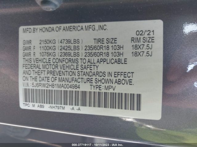 5J6RW2H81MA004984 Honda Cr-v Ex-l