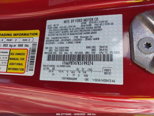 Ford Mustang Ecoboost 2019 1FA6P8TH7K5199274 Image 9