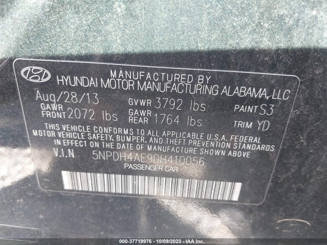 2013 HYUNDAI ELANTRA GLS VIN: 5NPDH4AE9DH410056