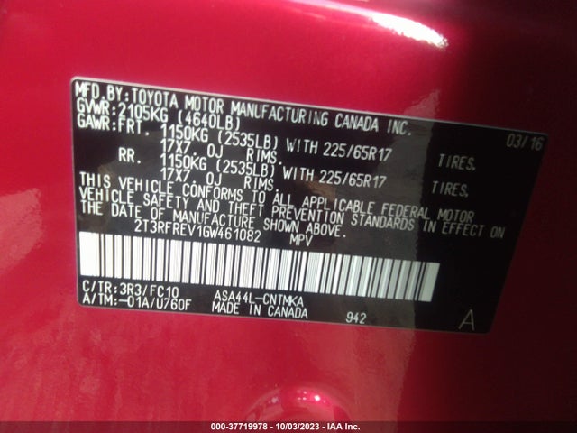 Toyota Rav4 Xle 2016 2T3RFREV1GW461082 Image 9