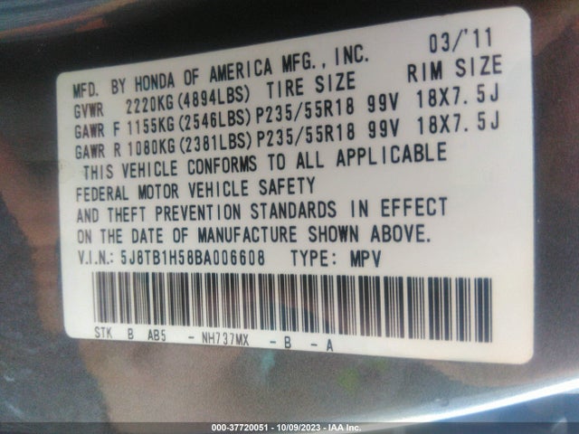 Aukcja sprzedaży 2011 Acura Rdx Tech Pkg, vin: 5J8TB1H58BA006608, numer aukcji: 37720051