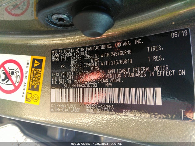 Toyota Highlander Se/xle 2019 5TDJZRFH6KS707793 Image 9