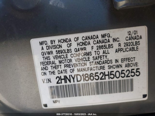 2002 ACURA MDX TOURING PKG VIN: 2HNYD18652H505255