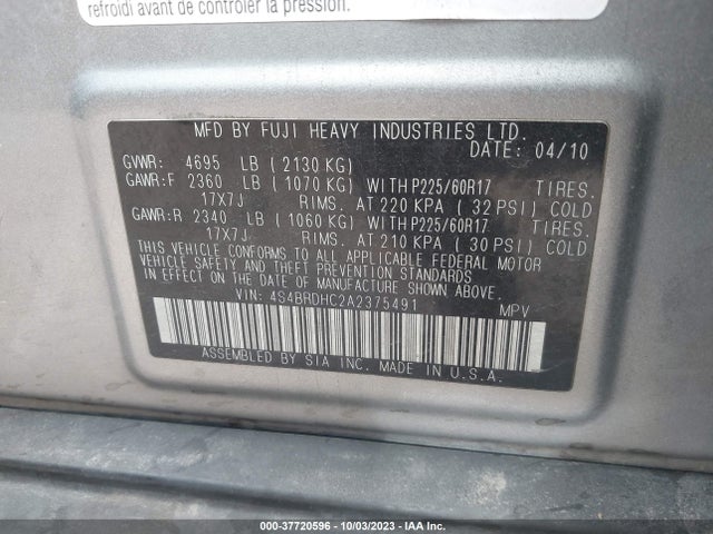 2010 SUBARU OUTBACK PREM HK AUDIO/PWR MOON VIN: 4S4BRDHC2A2375491