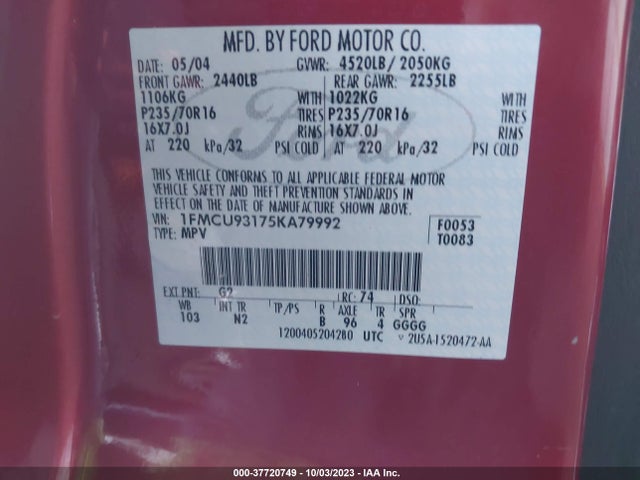 2005 FORD ESCAPE XLT VIN: 1FMCU93175KA79992