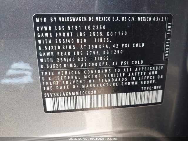 3VV3B7AX5MM100028 Volkswagen Tiguan Se/se R-line Black/sel