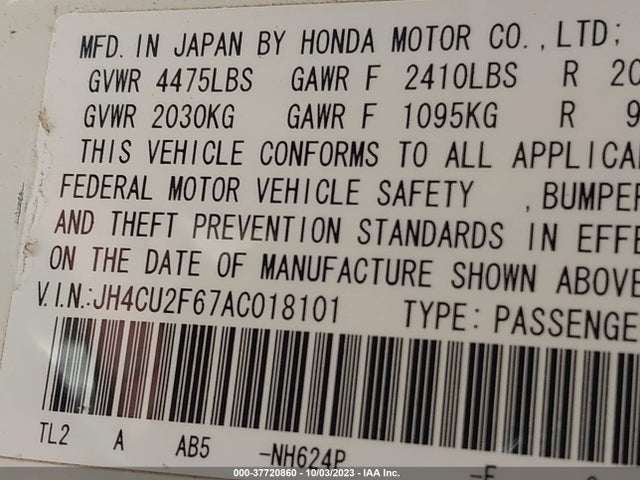 2010 ACURA TSX 2.4 VIN: JH4CU2F67AC018101