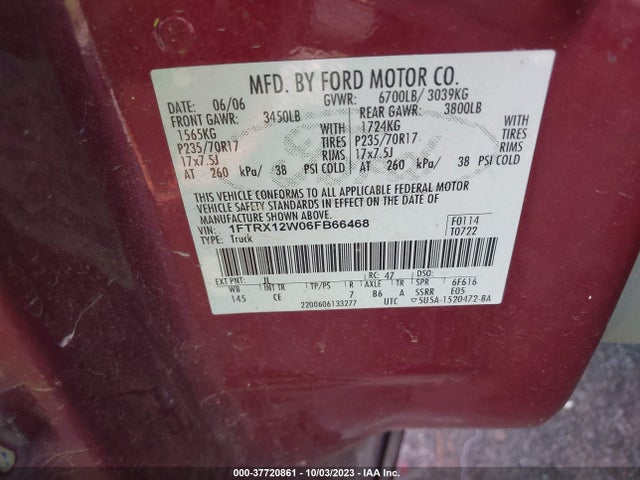 2006 FORD F-150 STX/XLT/XL VIN: 1FTRX12W06FB66468