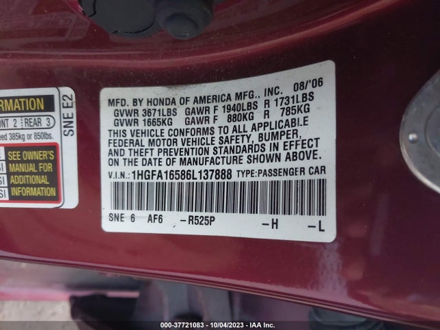 2006 HONDA CIVIC LX VIN: 1HGFA16586L137888
