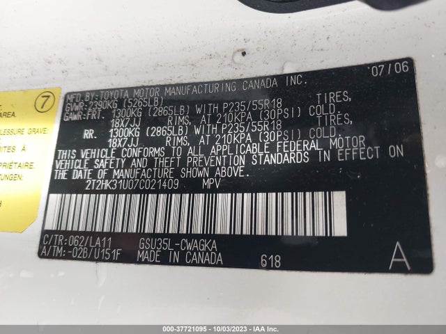 2007 LEXUS RX 350 VIN: 2T2HK31U07C021409