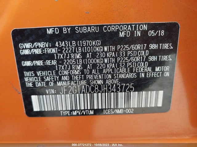 2018 SUBARU CROSSTREK PREMIUM VIN: JF2GTADC8JH343725