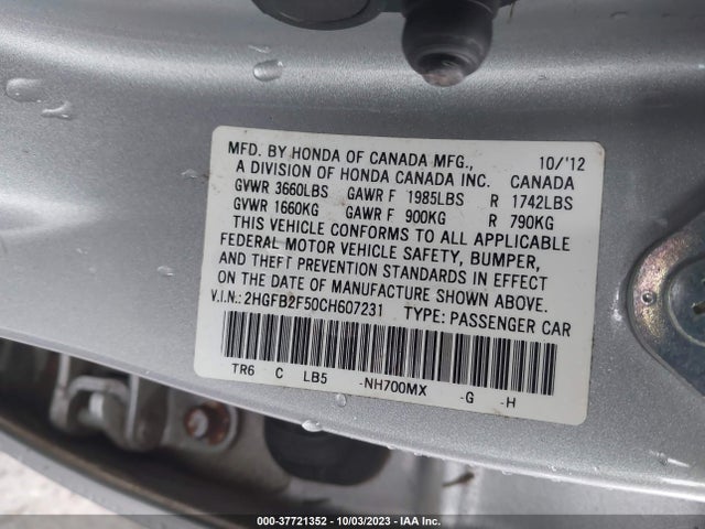 2012 HONDA CIVIC SDN LX VIN: 2HGFB2F50CH607231