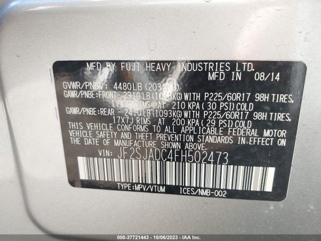 Продажа на аукционе авто 2015 Subaru Forester 2.5i Premium, vin: JF2SJADC4FH502473, номер лота: 37721443