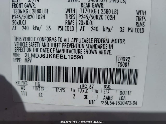 2LMDJ6JK8EBL19590 Lincoln MKX