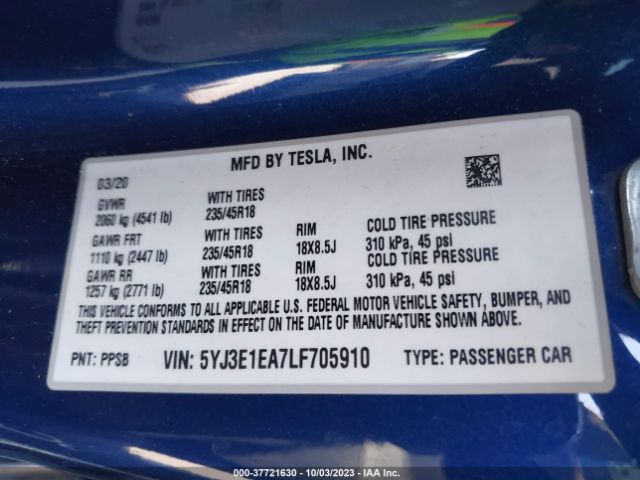 5YJ3E1EA7LF705910 Tesla Model 3 Standard Range