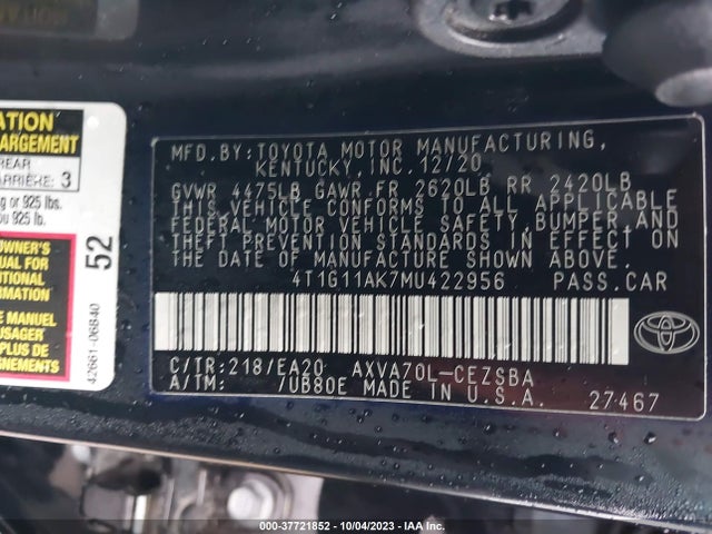 Aukcja sprzedaży 2021 Toyota Camry Se, vin: 4T1G11AK7MU422956, numer aukcji: 37721852