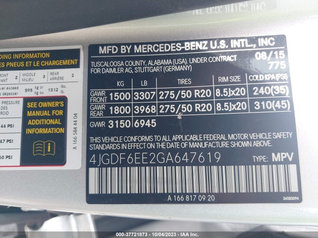 4JGDF6EE2GA647619 Mercedes-Benz Gl 450