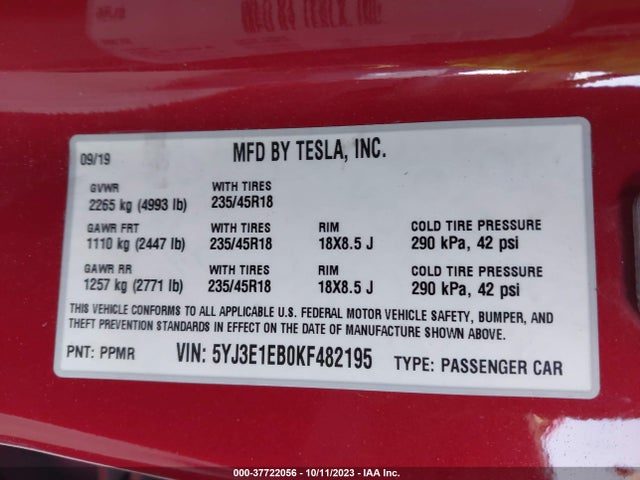 Tesla Model 3 Long Range/performance 2019 5YJ3E1EB0KF482195 Image 9
