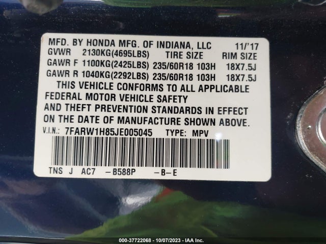 Honda Cr-v Ex-l 2018 7FARW1H85JE005045 Image 9