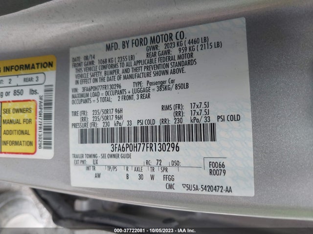 Ford FUSION SE 2015 3FA6P0H77FR130296 Image 9