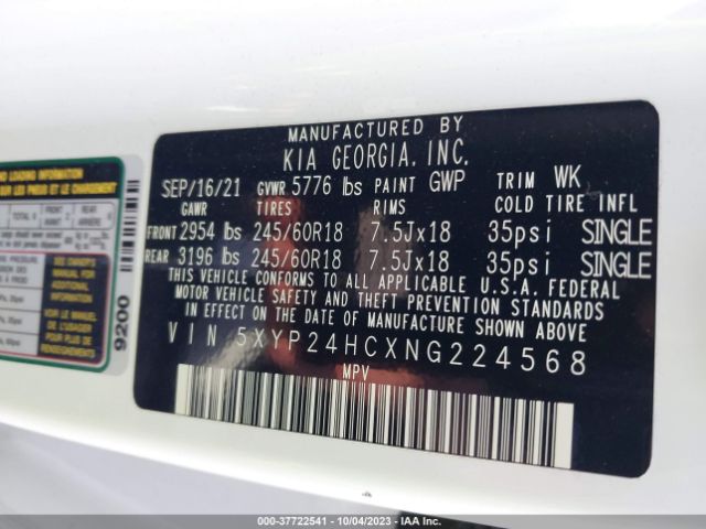5XYP24HCXNG224568 KIA Telluride Lx