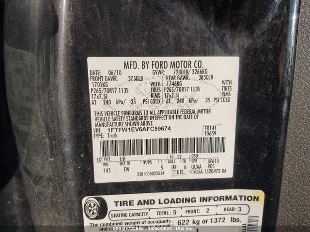 2010 FORD F-150 XL/XLT/FX4/LARIAT VIN: 1FTFW1EV6AFC59674