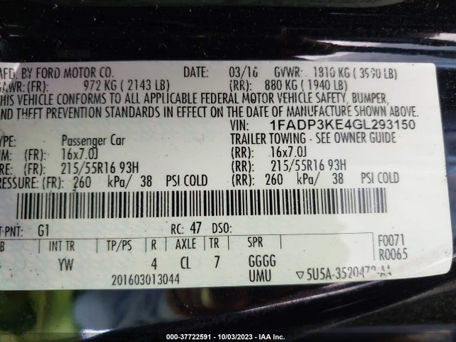 Ford FOCUS SE 2016 1FADP3KE4GL293150 Image 9