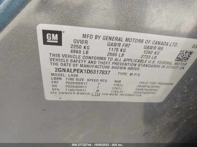 2013 CHEVROLET EQUINOX LT VIN: 2GNALPEK1D6317837