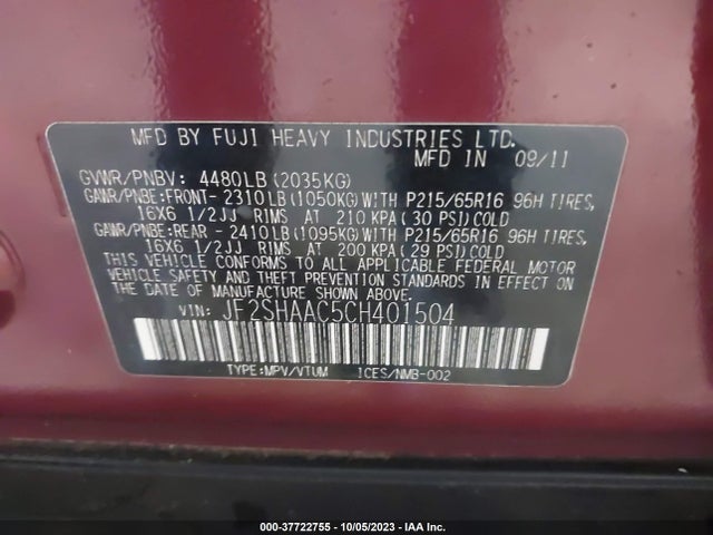 2012 SUBARU FORESTER 2.5X VIN: JF2SHAAC5CH401504