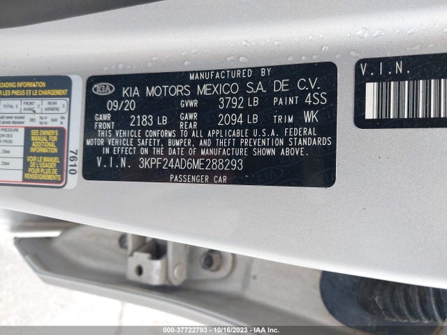 2021 KIA FORTE LXS VIN: 3KPF24AD6ME288293
