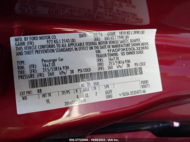 1FADP3KE0GL323650 Ford FOCUS SE