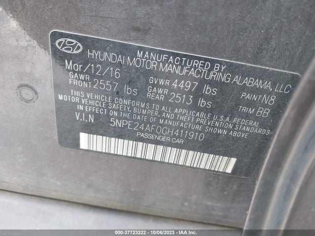 Hyundai Sonata 2.4l 2016 5NPE24AF0GH411910 Image 9