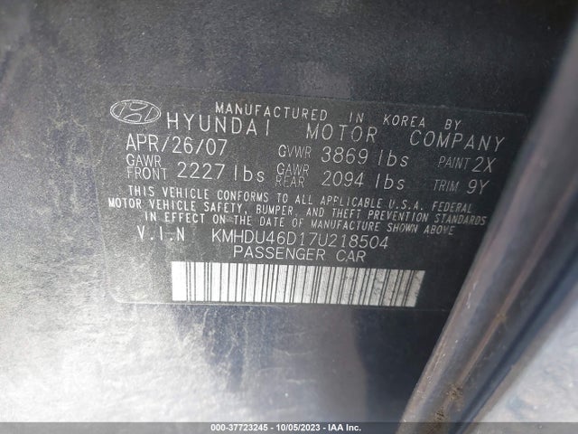 2007 HYUNDAI ELANTRA GLS/SE/LTD VIN: KMHDU46D17U218504