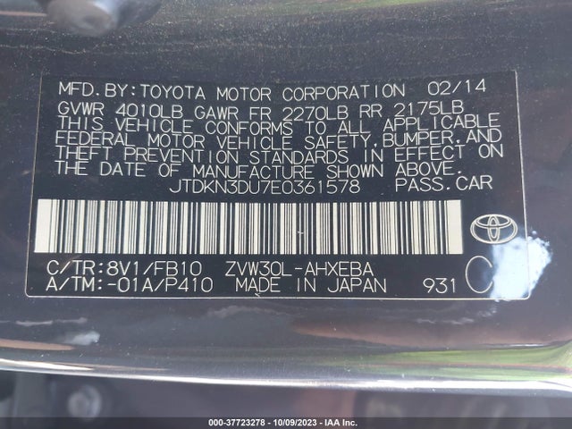 Toyota Prius Four/five/three/one/two 2014 JTDKN3DU7E0361578 Image 9