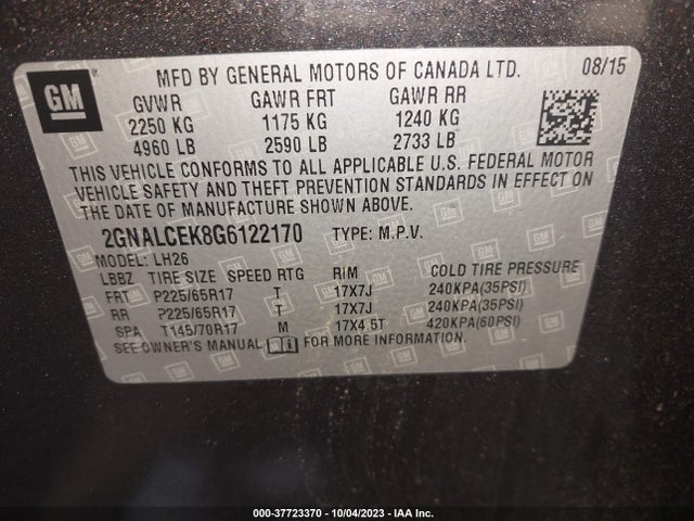 Chevrolet EQUINOX LT 2016 2GNALCEK8G6122170 Image 9