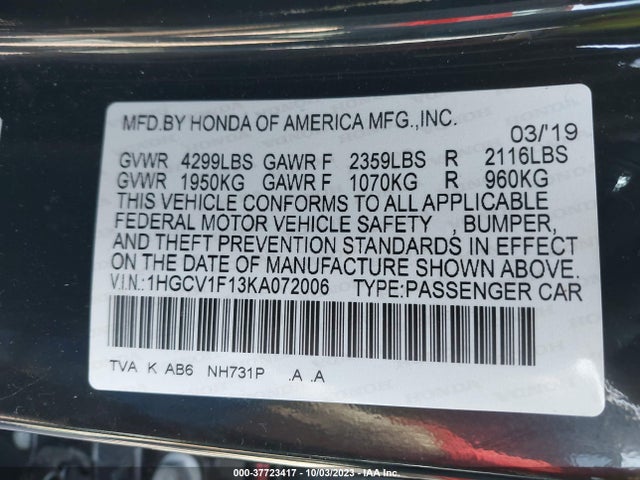 2019 HONDA ACCORD LX VIN: 1HGCV1F13KA072006