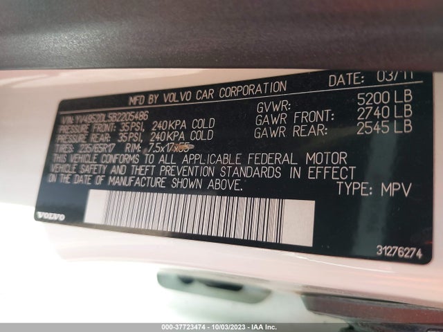 2011 VOLVO XC60 3.2L VIN: YV4952DL5B2205486