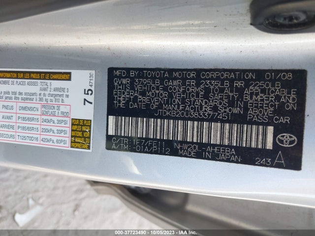 2008 TOYOTA PRIUS VIN: JTDKB20U383377451