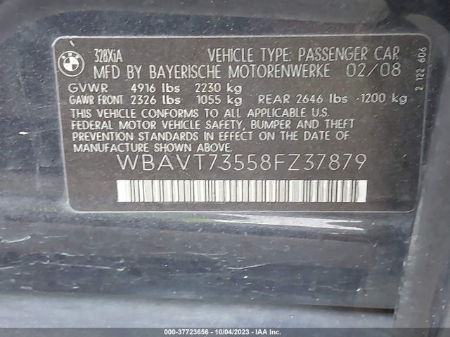 2008 BMW 328XI VIN: WBAVT73558FZ37879