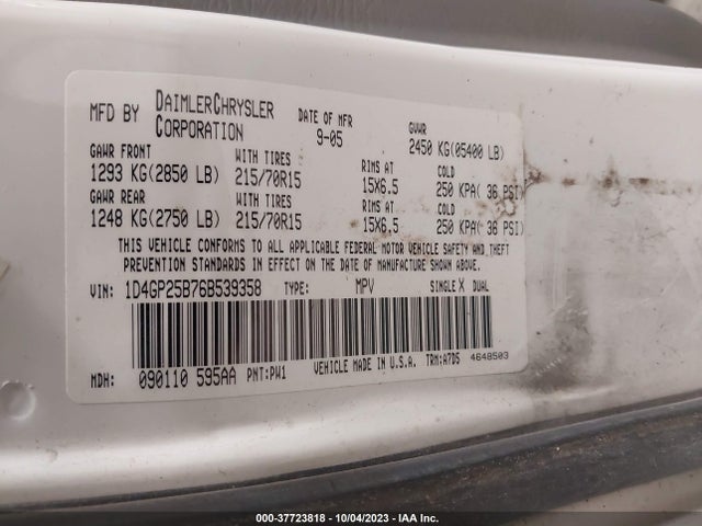 2006 DODGE CARAVAN SE VIN: 1D4GP25B76B539358