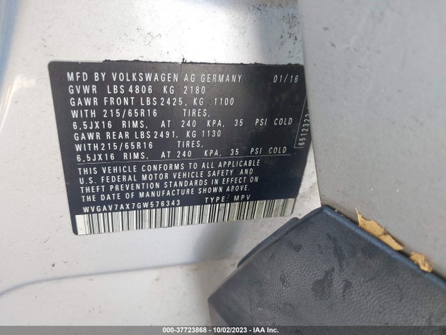 WVGAV7AX7GW576343 Volkswagen TIGUAN S